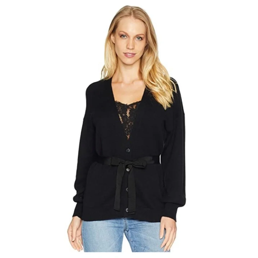 NWT $298 Joie Ferlinka Lace Insert Wrap Sweater Cardigan in Caviar - size XS!